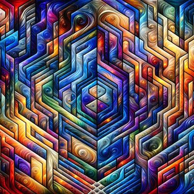 The primary subject of the image is a colorful, abstract artwork featuring a pattern of interconnected triangles. The setting is a colorful background, which adds to the vibrant atmosphere of the artwork. The visual style is a combination of digital art and illustration, creating a unique and eye-catching piece. The dominant colors in the artwork are blue, green, and orange, which contribute to the lively and energetic mood of the piece.